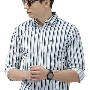 SHIRT 1 The Indian Garage Co Men's Cotton Slim Fit Multi Striped Full Sleeves Cutaway Collar Casual Shirt